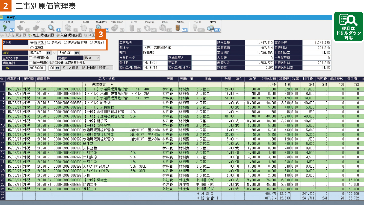 工事別原価管理表の画面イメージ